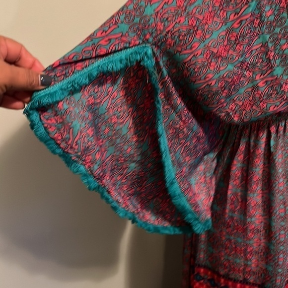 Patterned Maxi Dress in Red, teal and purple in size medium silk blend.  Fringe - Picture 5 of 15